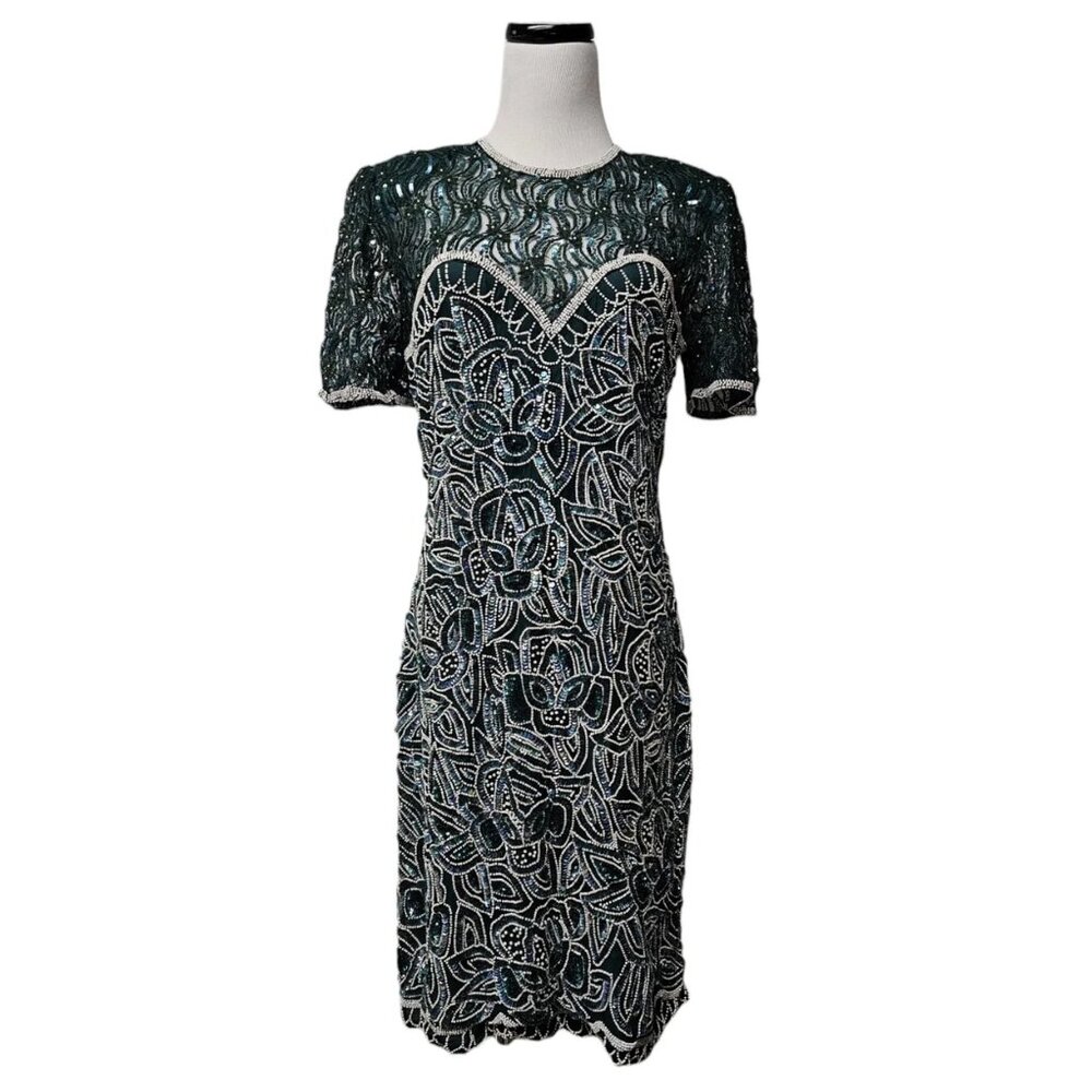 90s - 00s American Night see-thru sweetheart beaded silk dress . size M 8 - 9